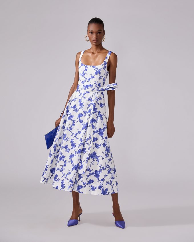 Floral-Print Midi Dress with Sash