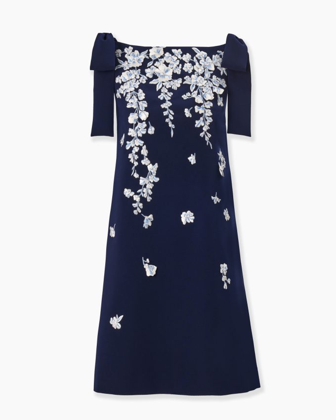Floral-Embroidered Shift Dress With Bows