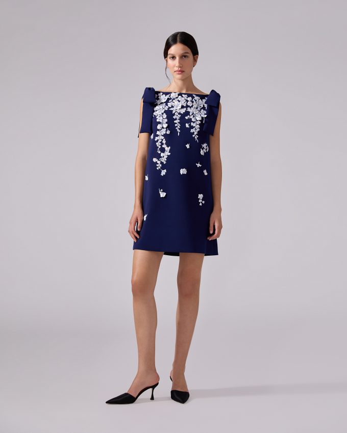 Floral-Embroidered Shift Dress With Bows