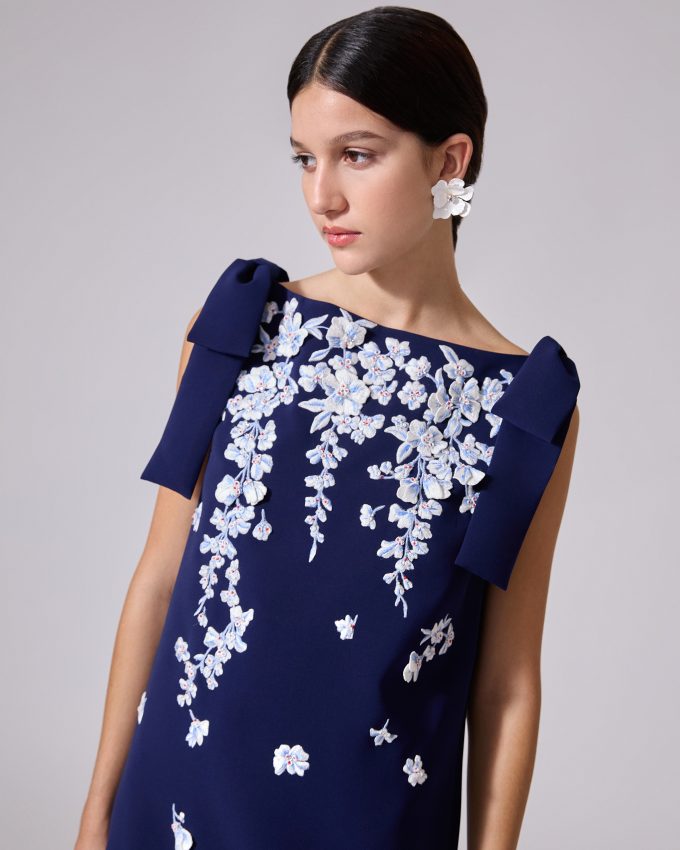 Floral-Embroidered Shift Dress With Bows