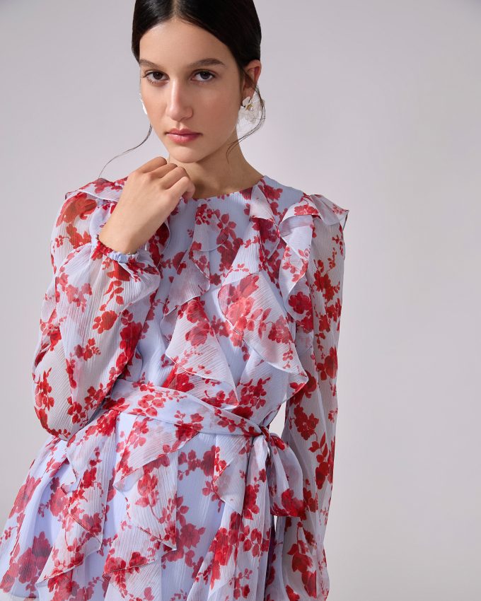 Chiffon Floral-Print Top With Sash