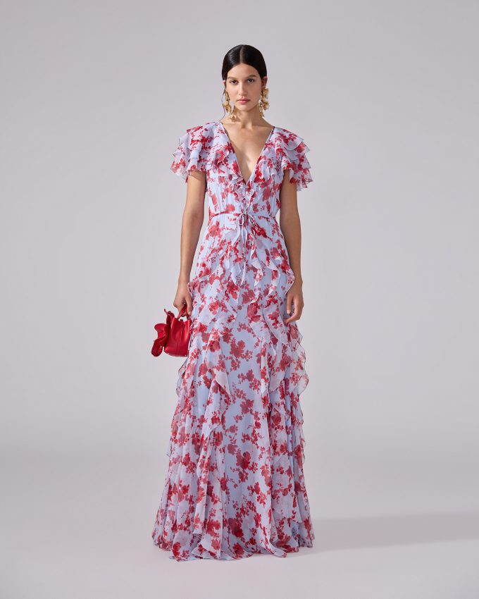 Chiffon Floral-Print Gown