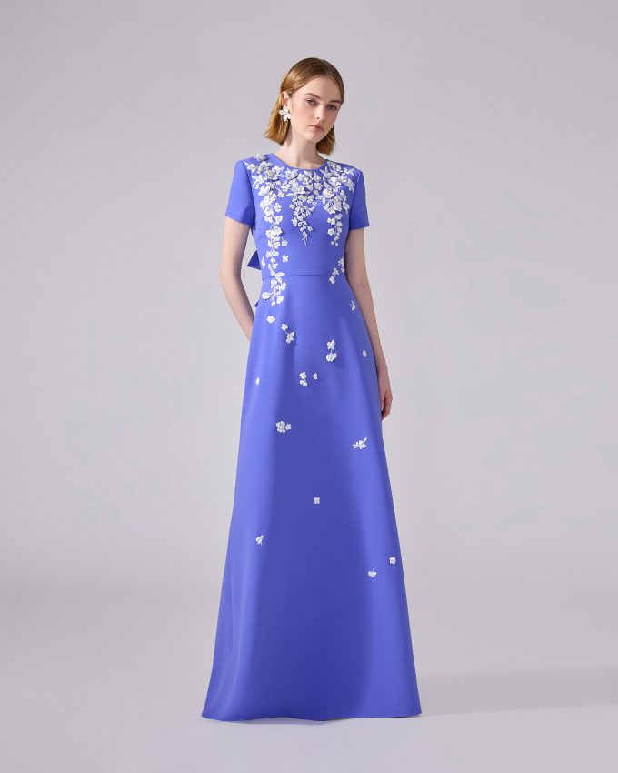 Floral-Embroidered Gown With Bows