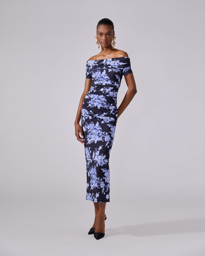 Floral-Print Ruched Jersey Gown