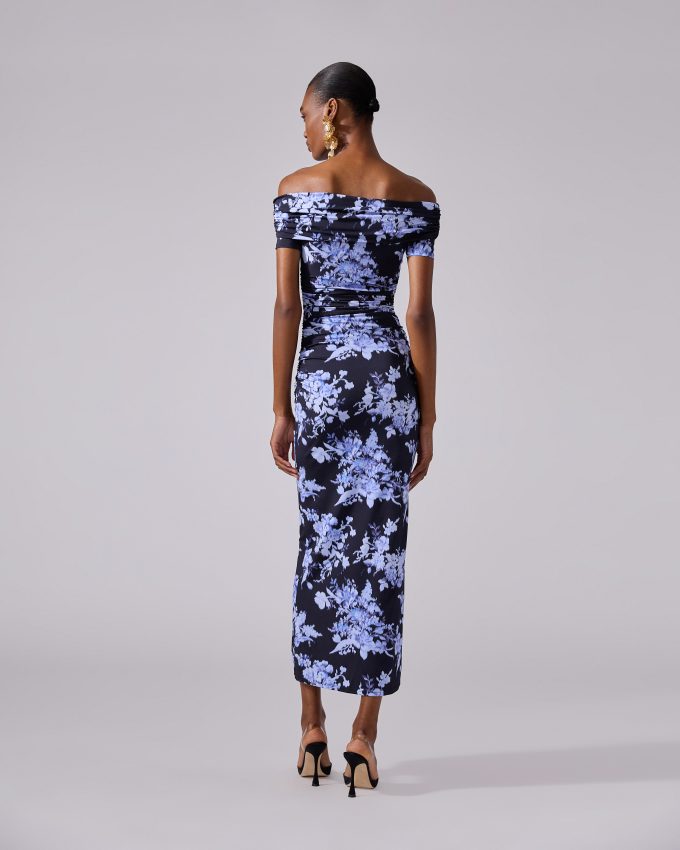 Floral-Print Ruched Jersey Gown