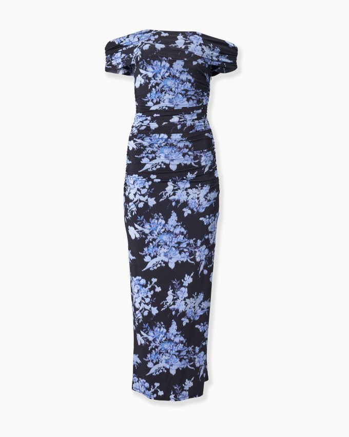 Floral-Print Ruched Jersey Gown