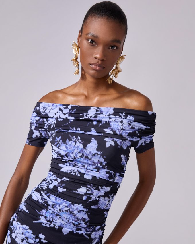 Floral-Print Ruched Jersey Gown