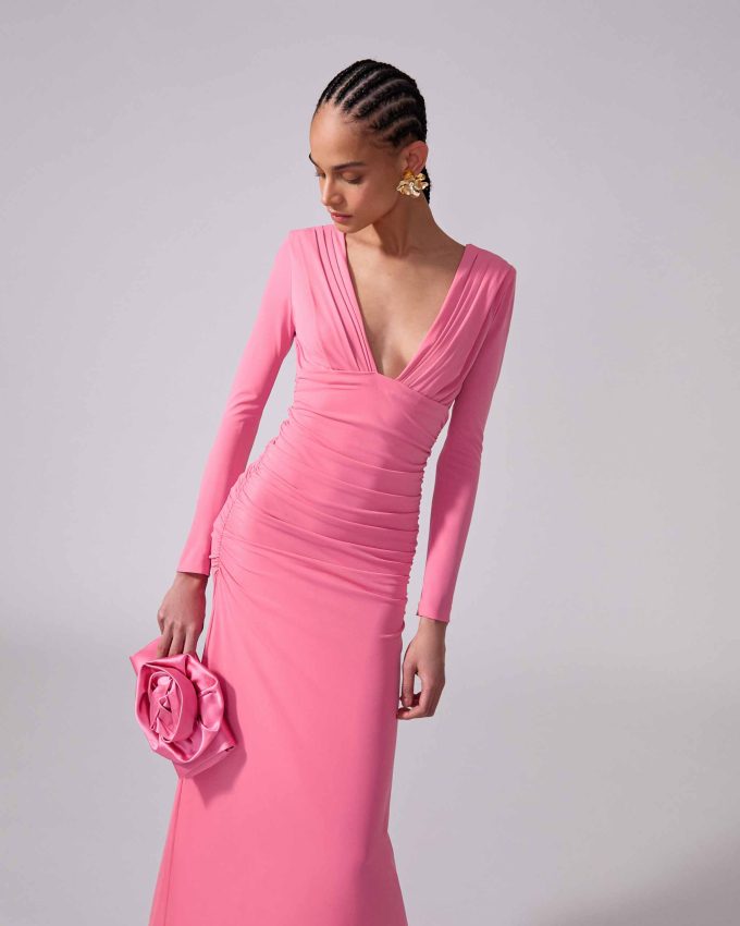 Ruched Jersey V-Neck Gown