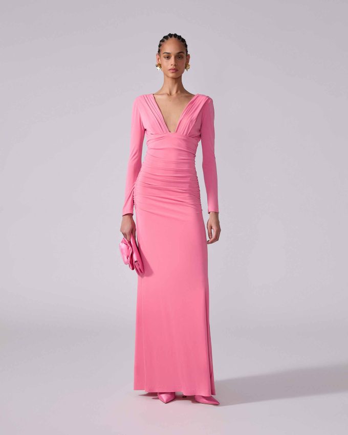 Ruched Jersey V-Neck Gown
