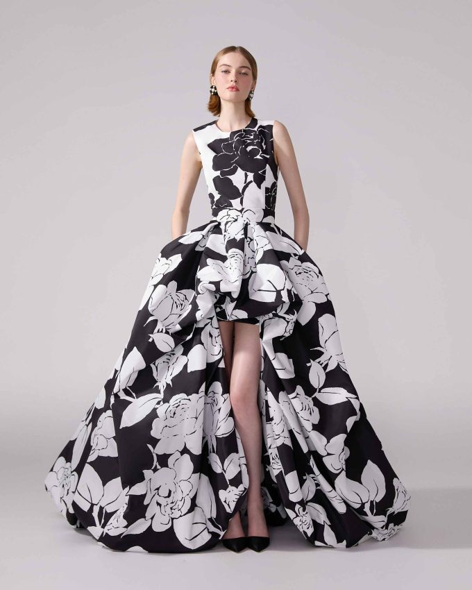 Floral-Print High-Low Gown