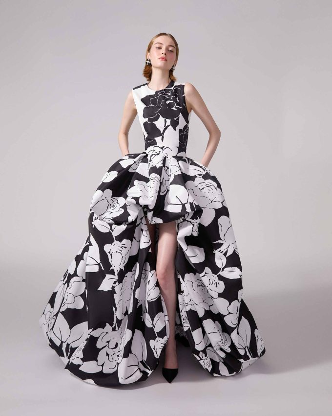 Floral-Print High-Low Gown