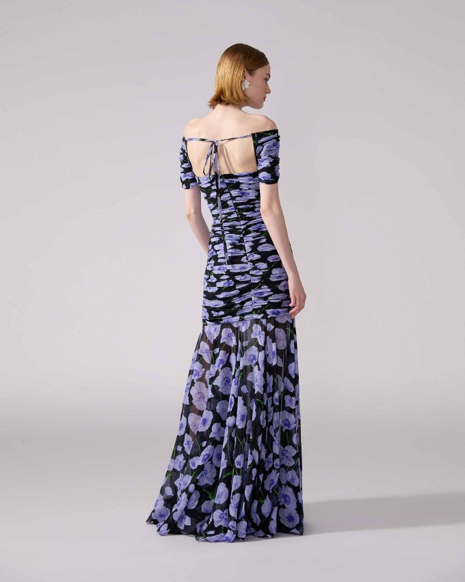 Floral-Print Chiffon Ruched Gown