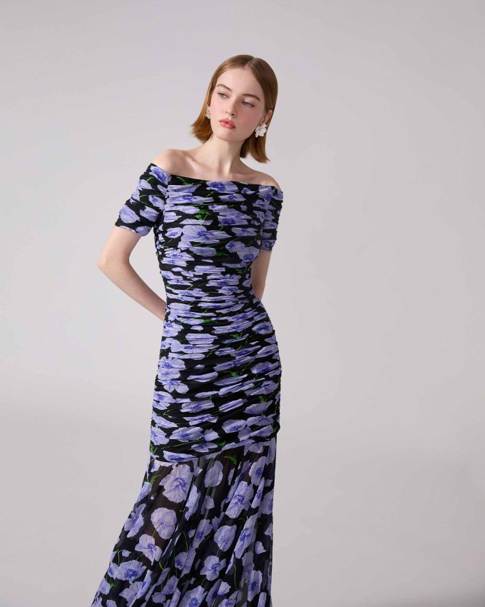 Floral-Print Chiffon Ruched Gown