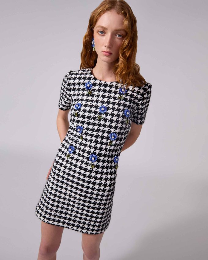 Embroidered Houndstooth Shift Mini Dress