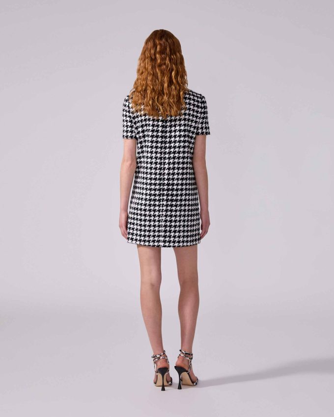Embroidered Houndstooth Shift Mini Dress