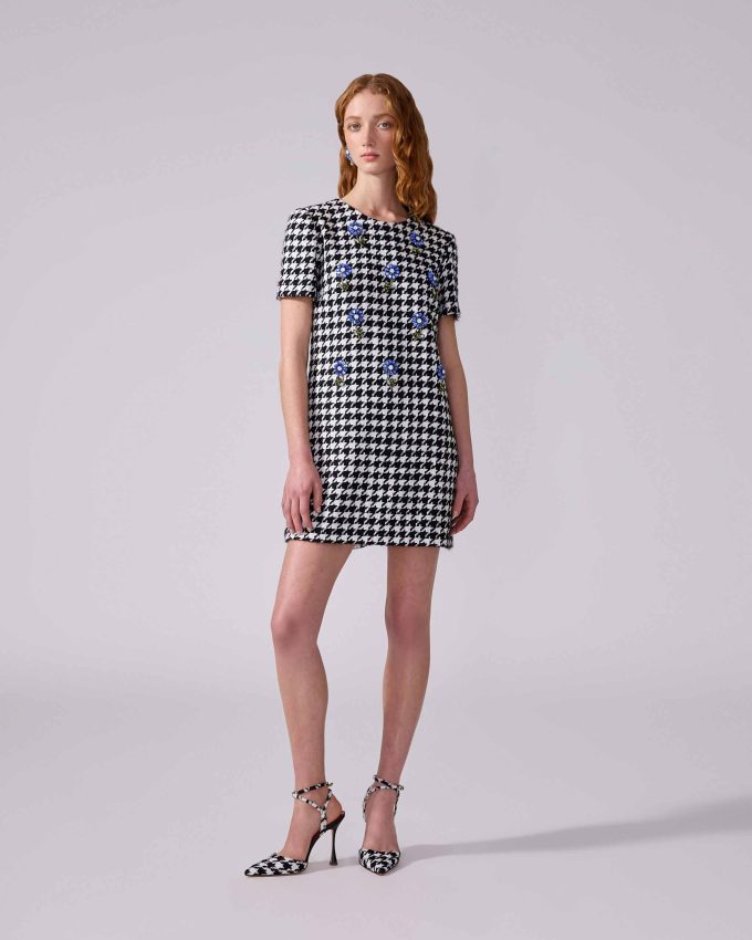 Embroidered Houndstooth Shift Mini Dress