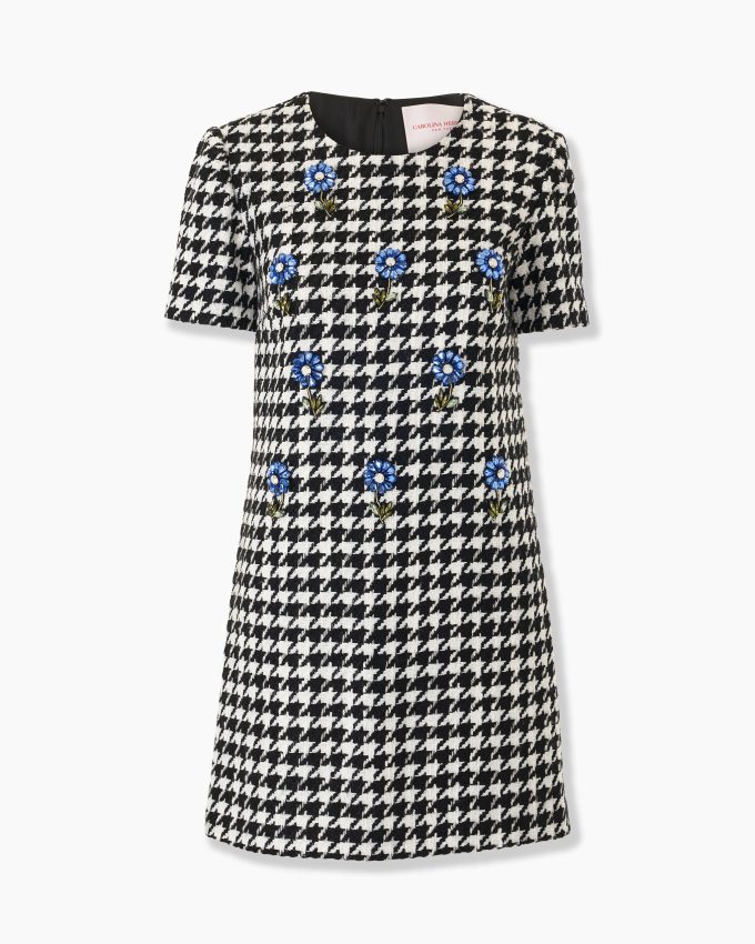 Embroidered Houndstooth Shift Mini Dress