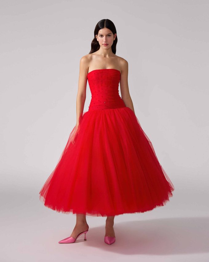 Embroidered Strapless Tulle Dress