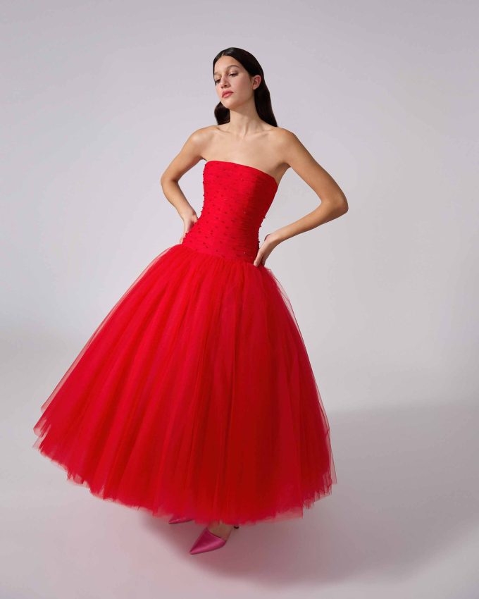 Embroidered Strapless Tulle Dress