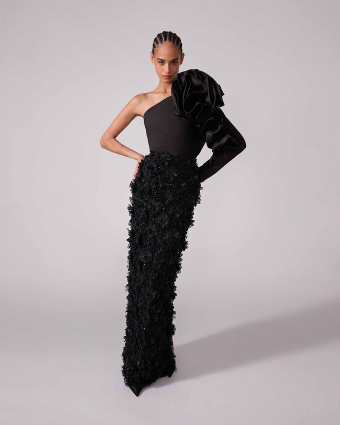 Embroidered Tulle Column Skirt