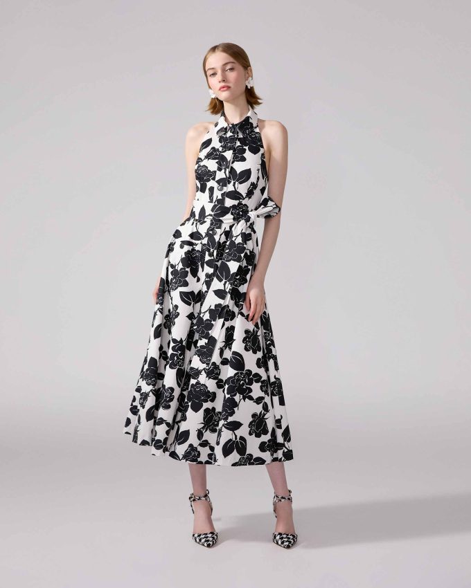 Floral-Print Midi Halterneck Dress