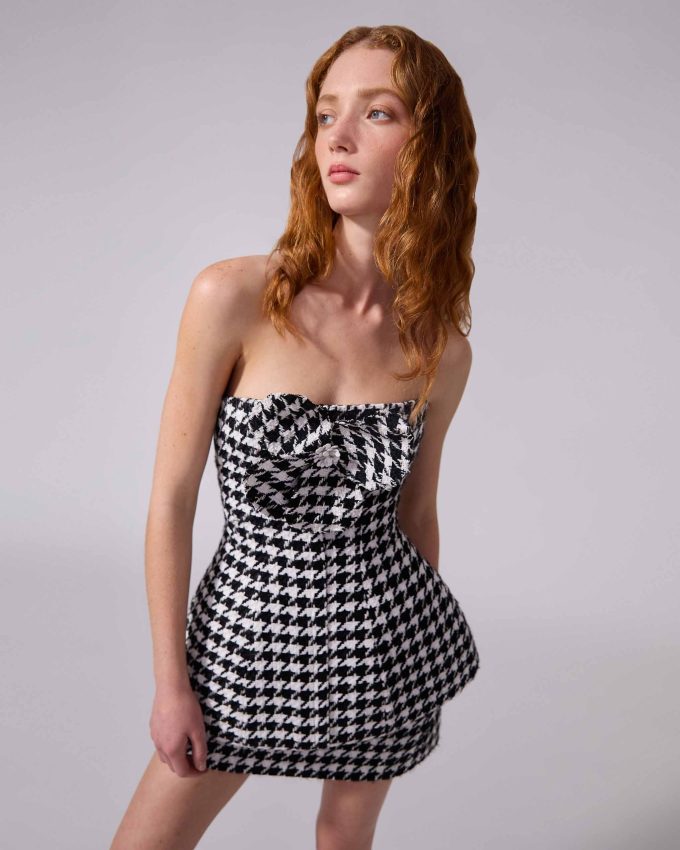 Houndstooth Peplum Top with Rosette