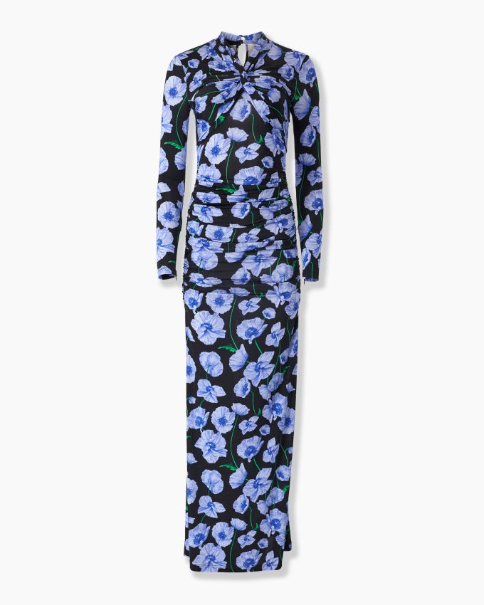 Floral-Print Ruched Jersey Gown