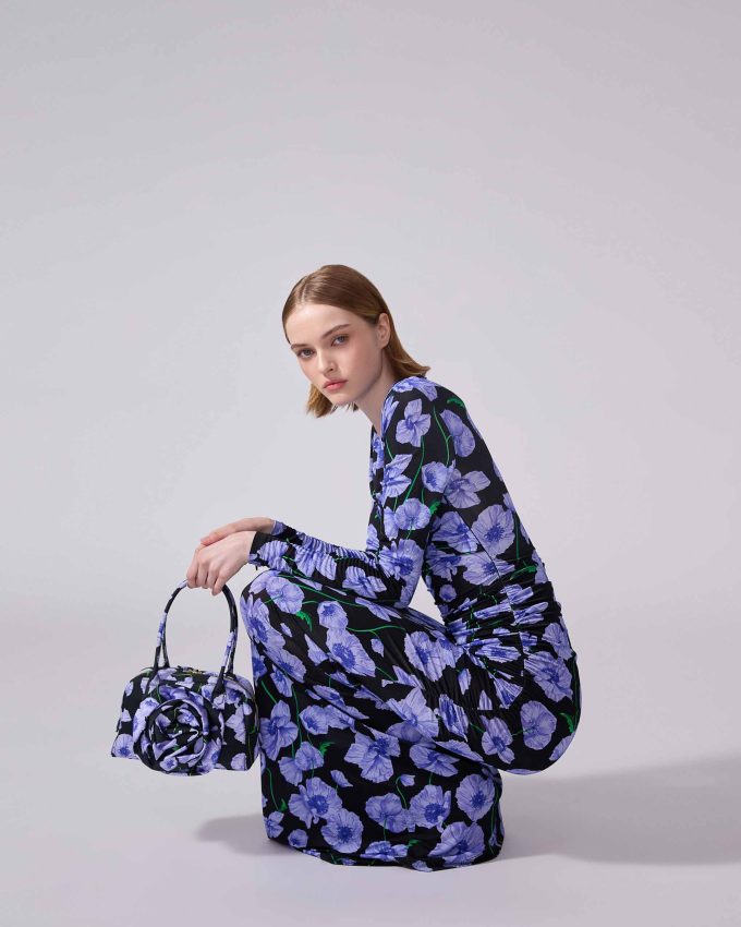 Floral-Print Ruched Jersey Gown