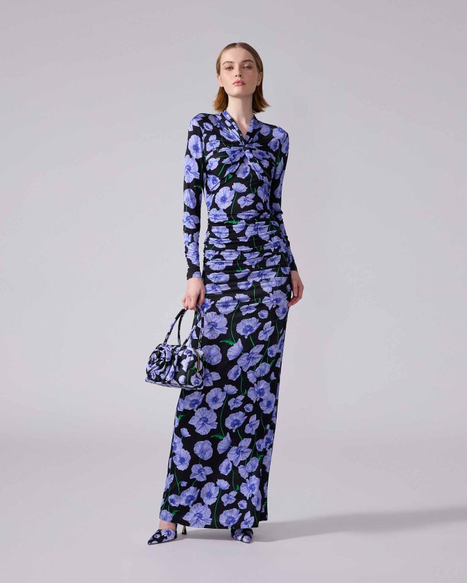 Floral-Print Ruched Jersey Gown