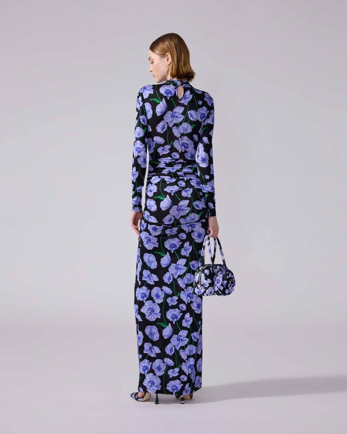 Floral-Print Ruched Jersey Gown