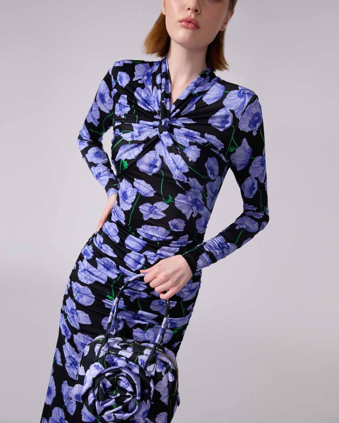 Floral-Print Ruched Jersey Gown