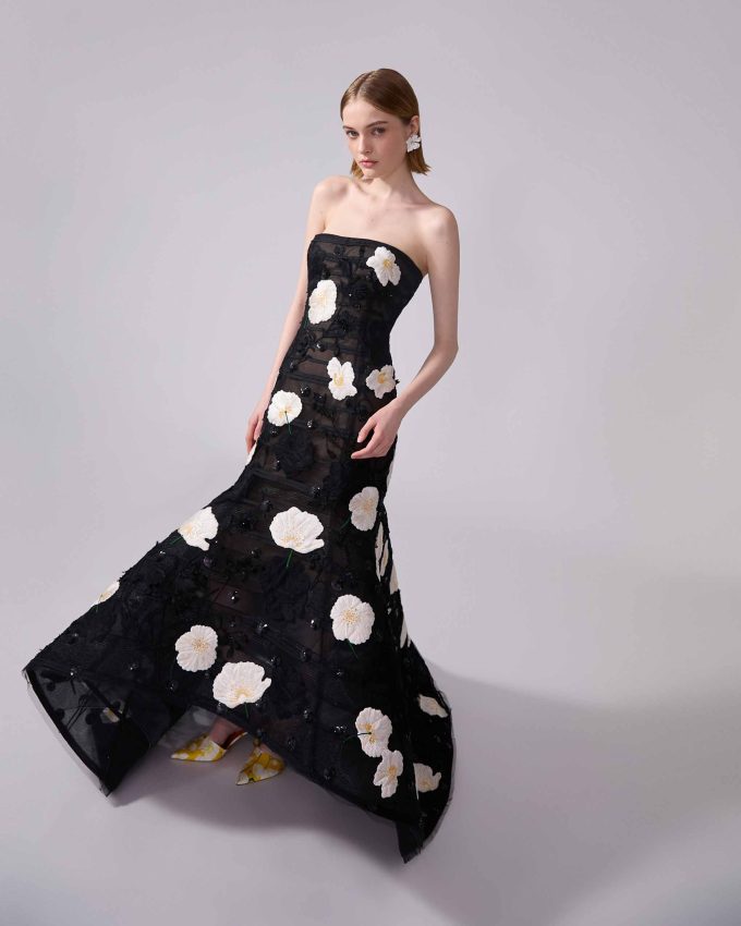 Embroidered High-Low Trumpet Gown