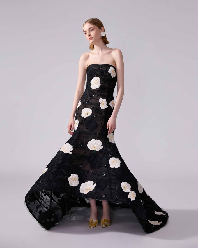 Embroidered High-Low Trumpet Gown