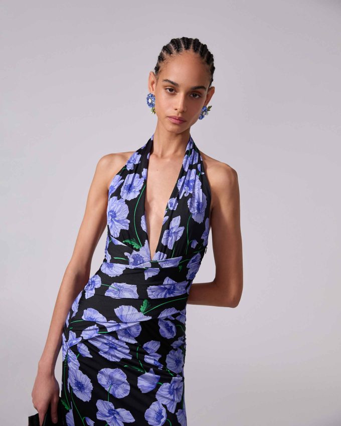 Floral-Print Jersey Halterneck Dress