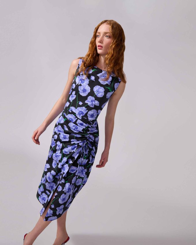 Floral-Print Midi Dress with Drawstring
