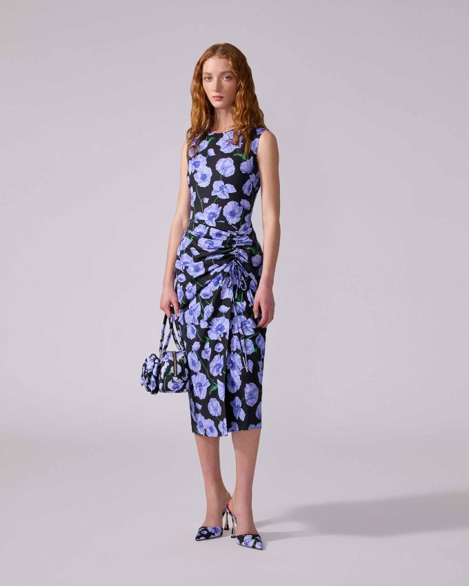 Floral-Print Midi Dress with Drawstring