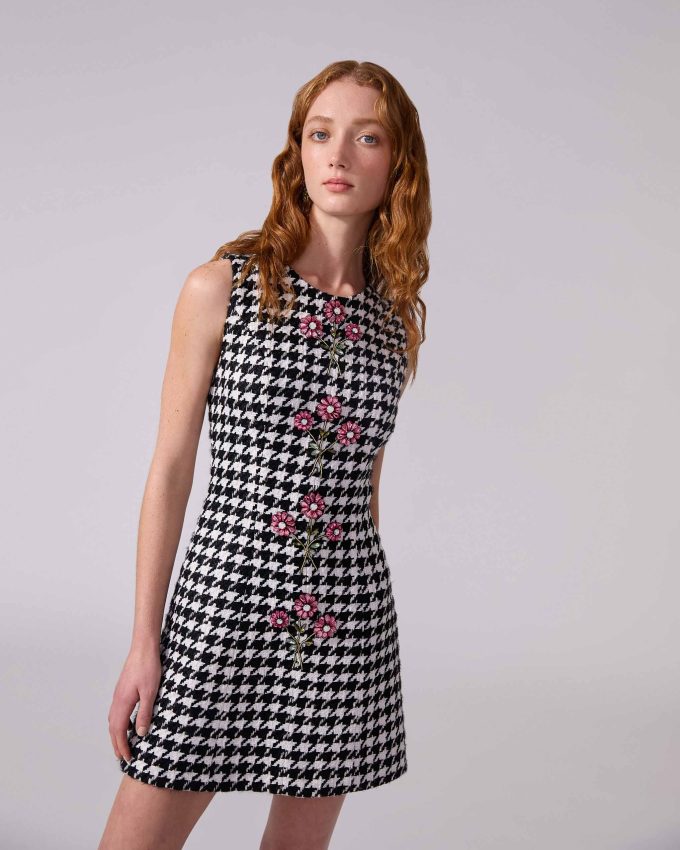 Embroidered Houndstooth Mini Dress