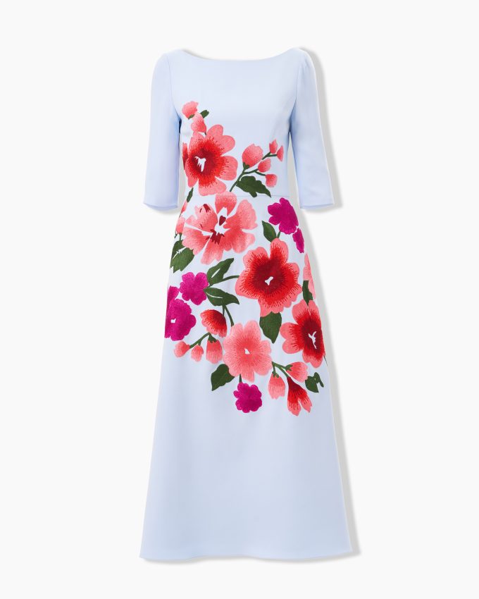 Floral-Embroidered Boat-Neck Dress