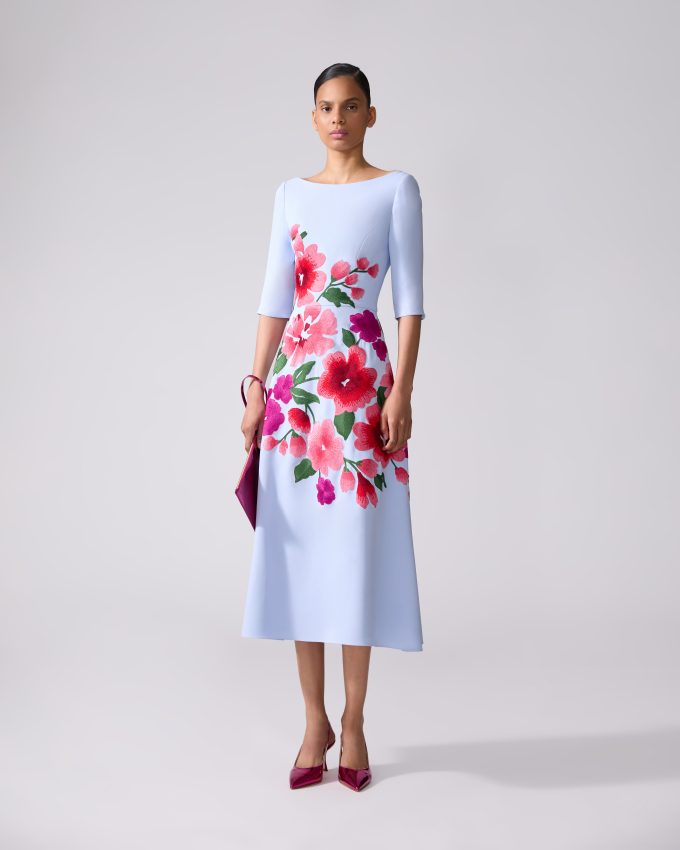 Floral-Embroidered Boat-Neck Dress