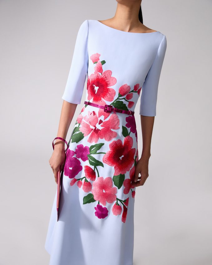 Floral-Embroidered Boat-Neck Dress