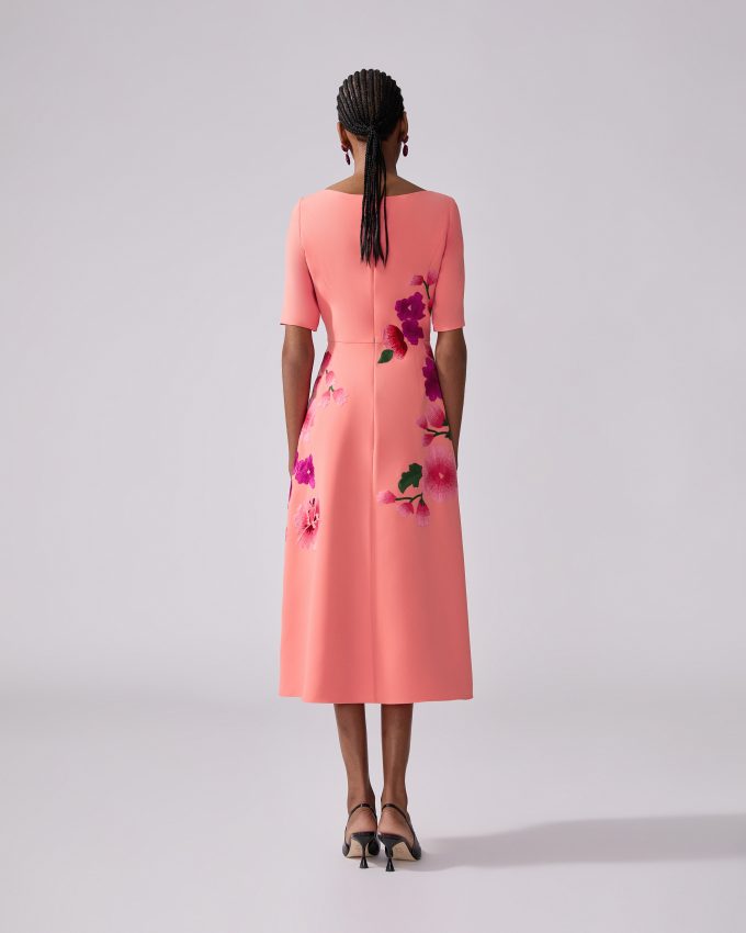 Floral-Embroidered Boat-Neck Dress