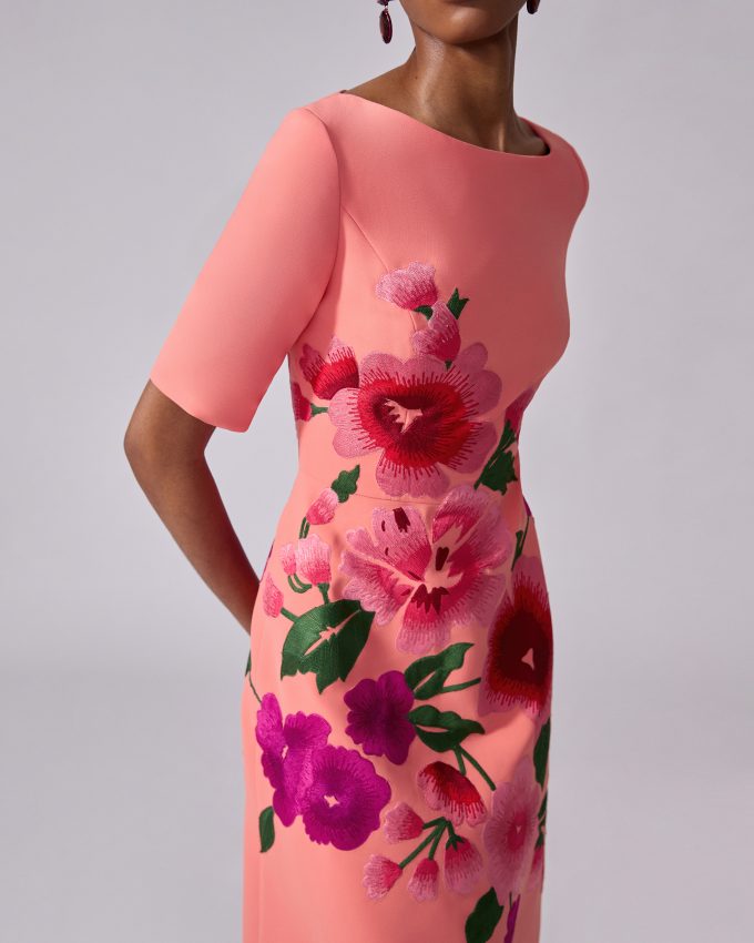 Floral-Embroidered Boat-Neck Dress