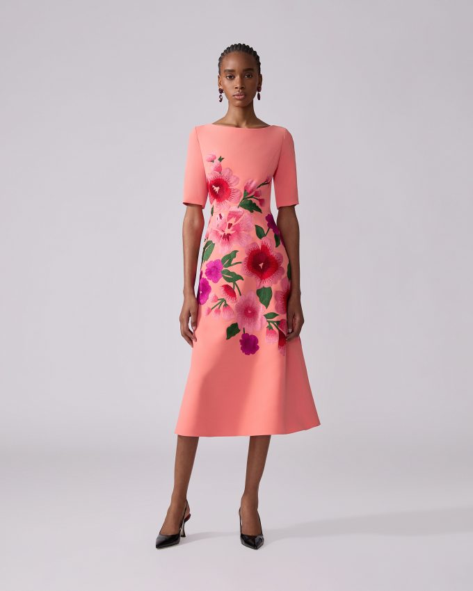 Floral-Embroidered Boat-Neck Dress