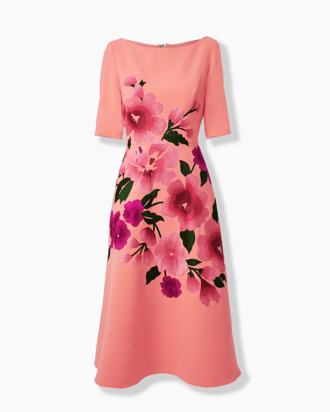 Floral-Embroidered Boat-Neck Dress