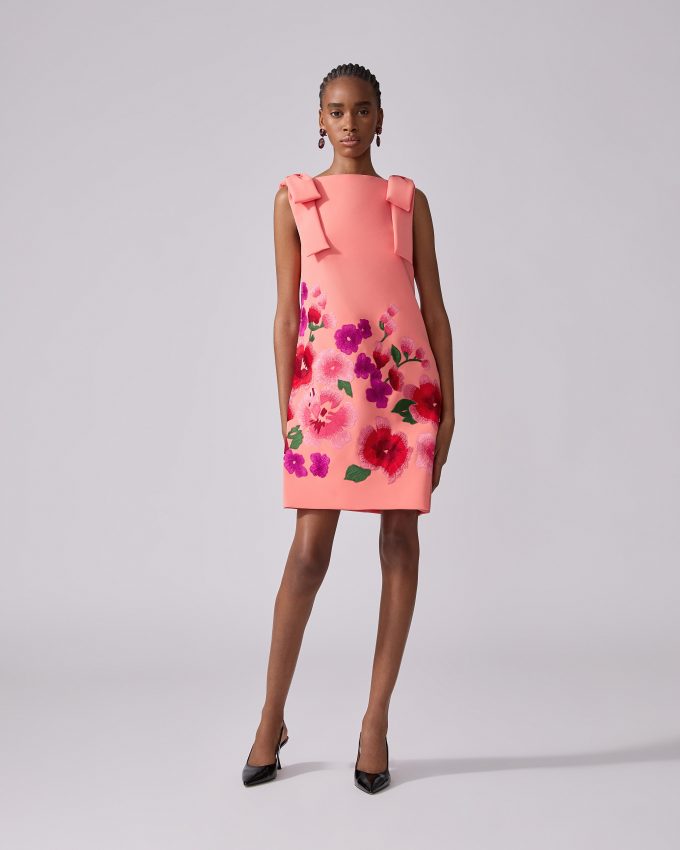 Floral-Embroidered Shift Dress With Bows
