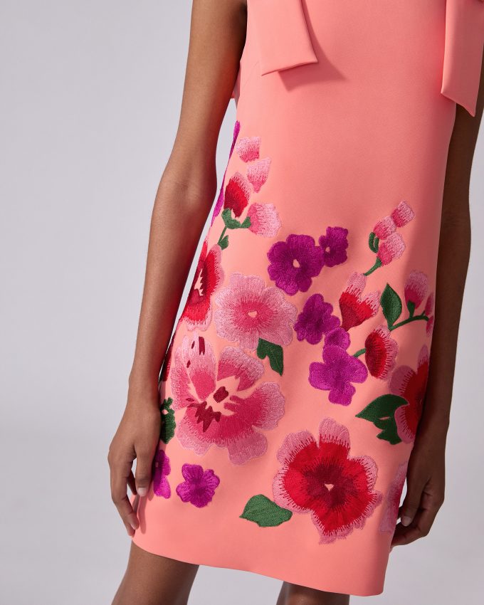 Floral-Embroidered Shift Dress With Bows