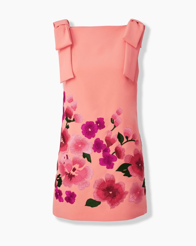 Floral-Embroidered Shift Dress With Bows