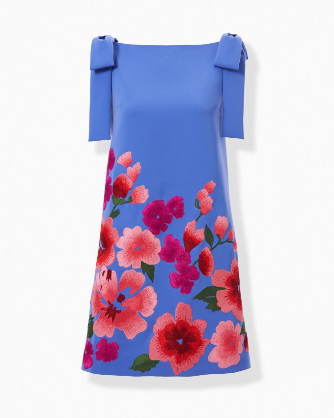 Floral-Embroidered Shift Dress With Bows