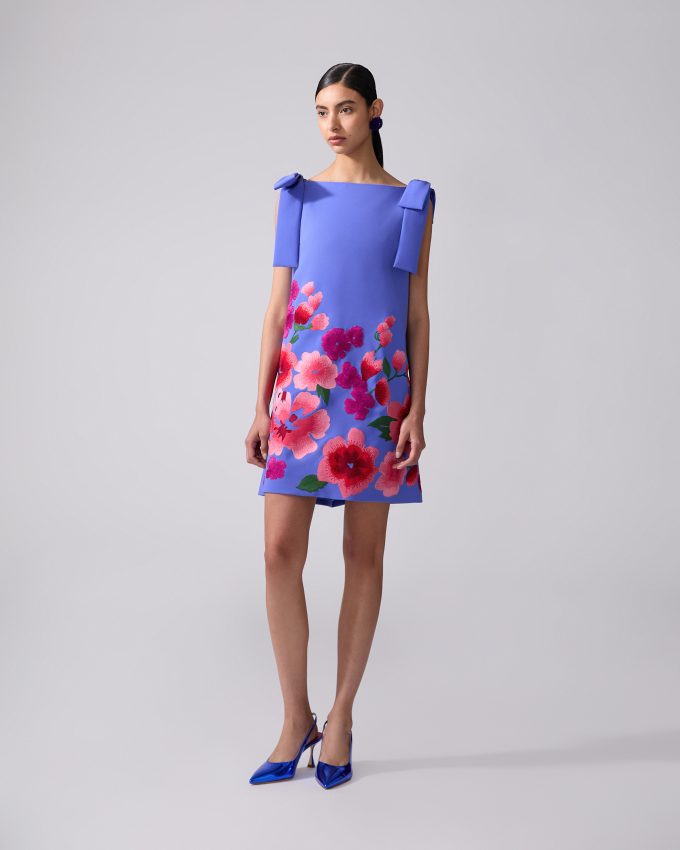 Floral-Embroidered Shift Dress With Bows