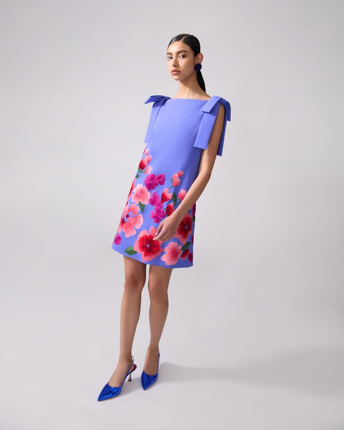 Floral-Embroidered Shift Dress With Bows